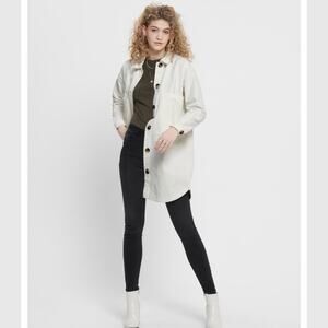 JACQUELINE DE YONG Womens Slam Worker Pocket Shirt Size L White Jean Oversized